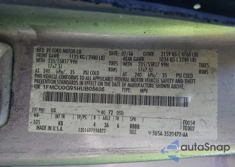 2017 Ford Escape Se из США, поврежденный, VIN 1FMCU0G91HUB05605